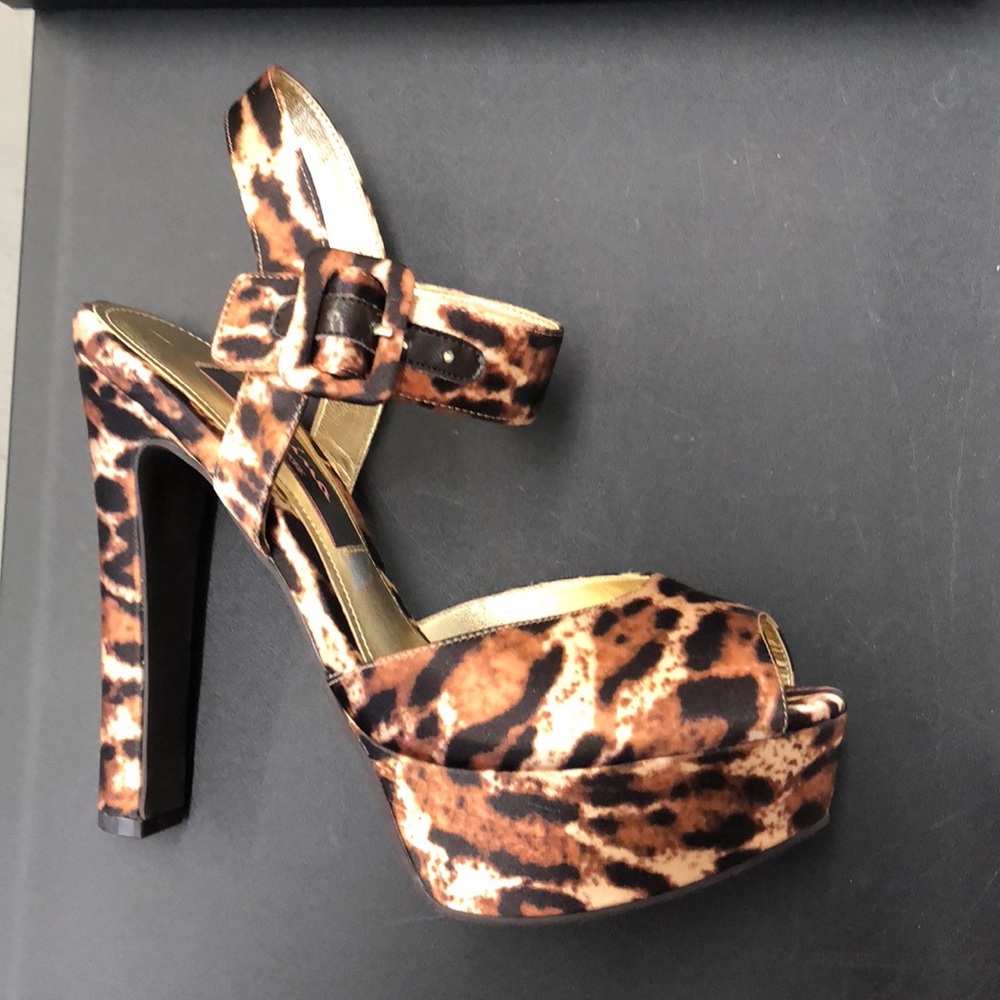 NINA Pangea catprint platform strap heel peep toe